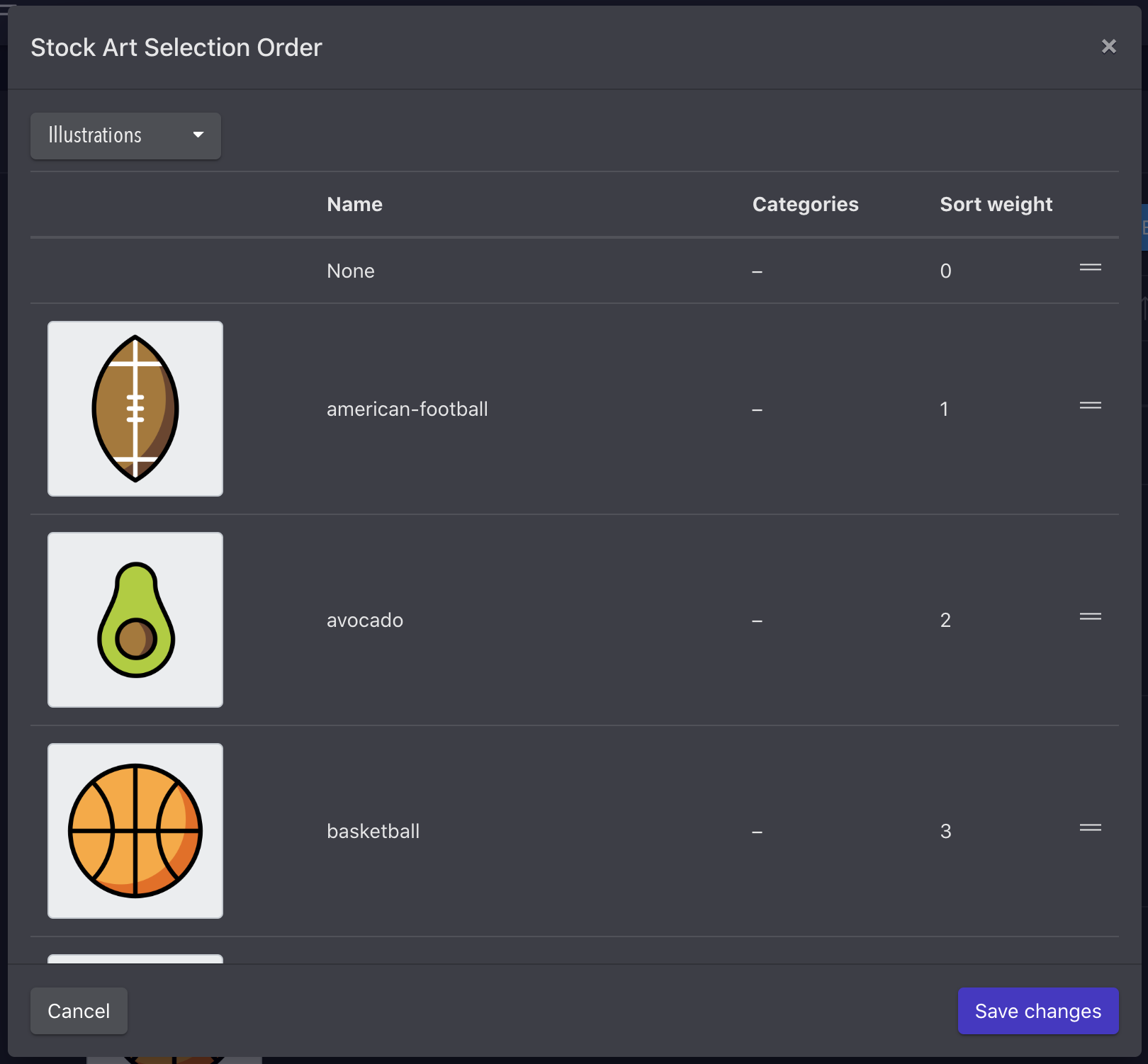 Stock art selection order modal