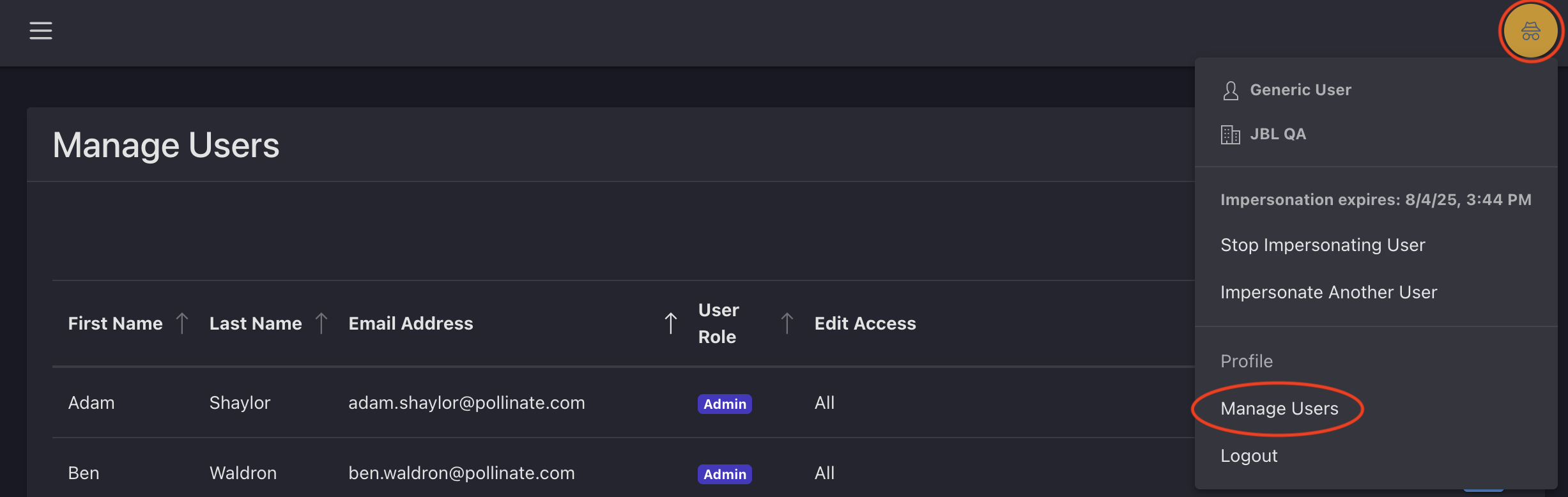 Manage Users list view
