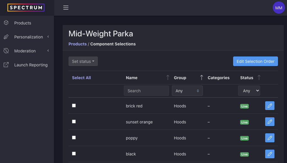 Component selections list filtered by group