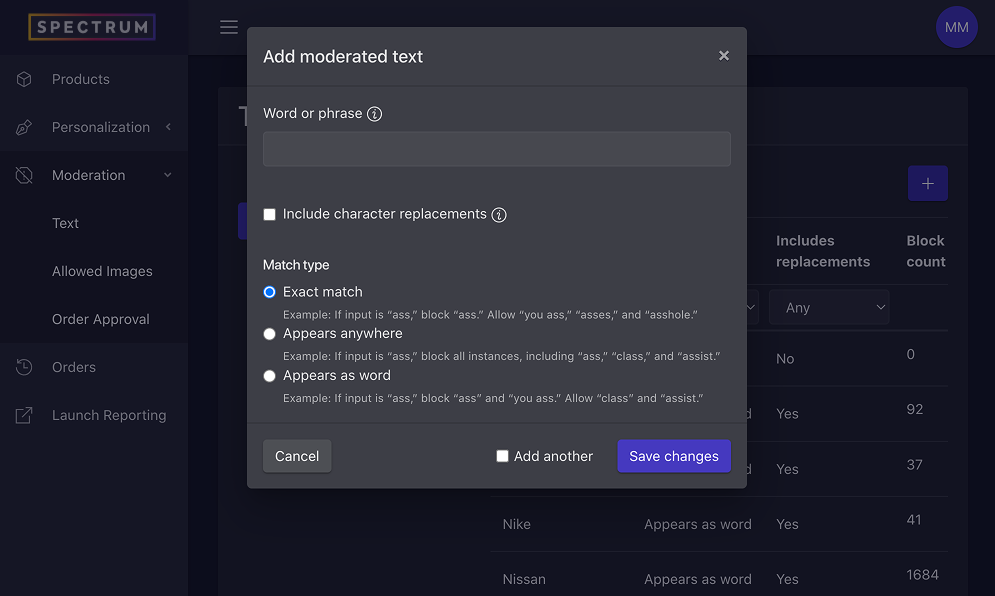Add moderated text modal