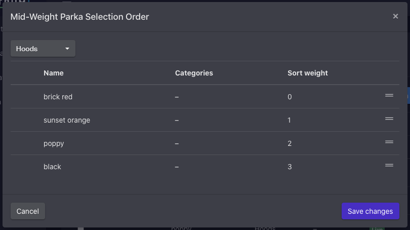 Reorder component selections