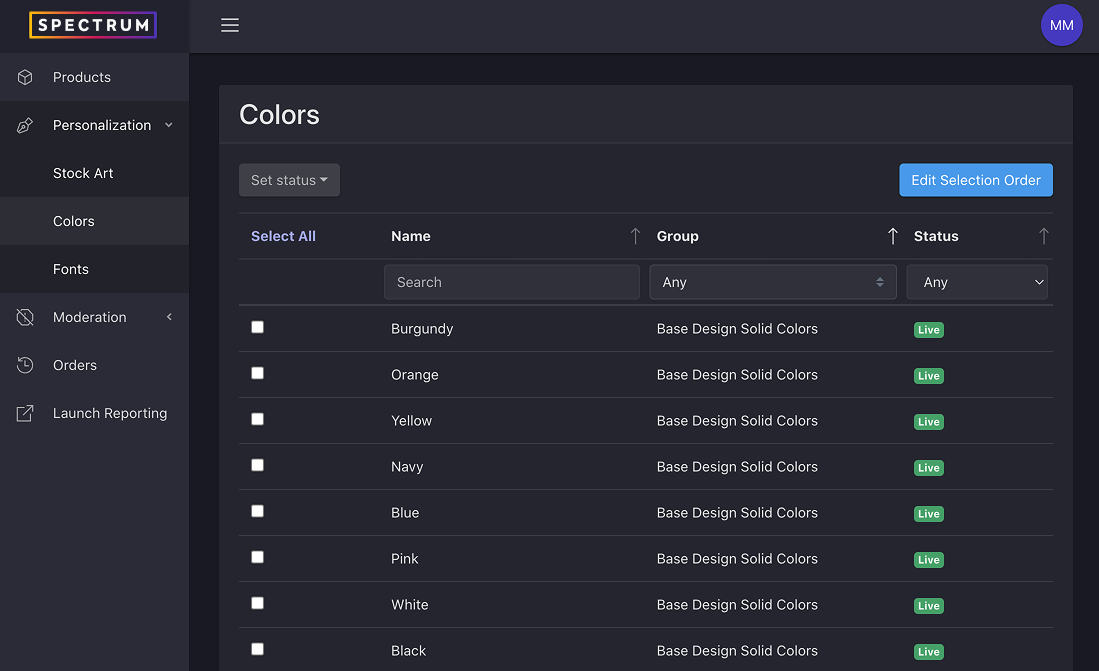Colors list view