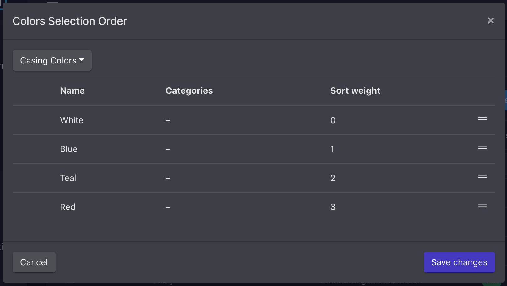 Color selection order modal
