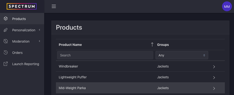 Products list view