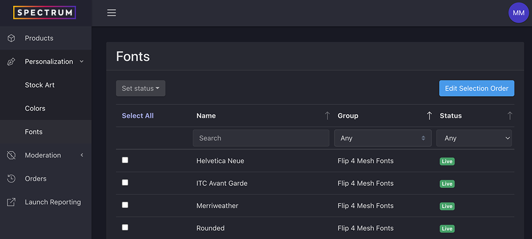 Fonts list view