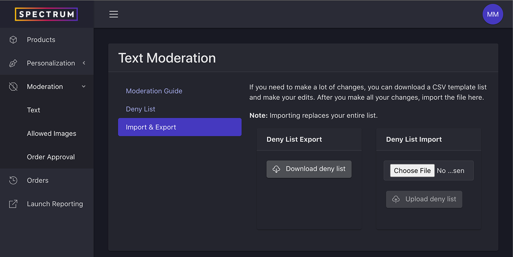 Import and export deny list